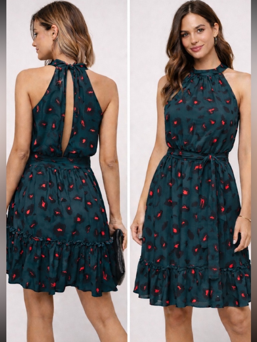Women’s Floral Dress Casual Summer Sleeveless Halter Neck Ruffle Belt Size M